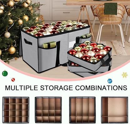 Christmas Ornament Storage Box with Dividers, Christmas Balls Storage Containers with Zipper & 8 Removable Trays, Holds Up to 128 Balls - 600D Oxford Christmas Decoration Storage Organizer (Gray)