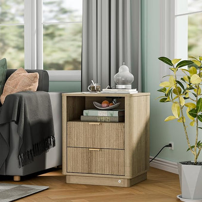 BONITURE 20'' Led Fluted Nightstand, Curved Night Stand with Charging Station Lighting, Wood End Table with 2 Drawers, Modern Side Table Storage Cabinet for Bedroom Office,(1, Natural)