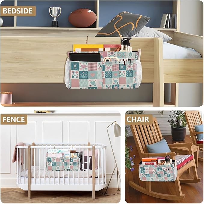 Jihqo Bedside Caddy Hanging Storage Bag Gingham Floral Bedside Organizer Caddy for Bunk, Dorm Room, Hospital Beds - Place Magazines / Remotes / Keys