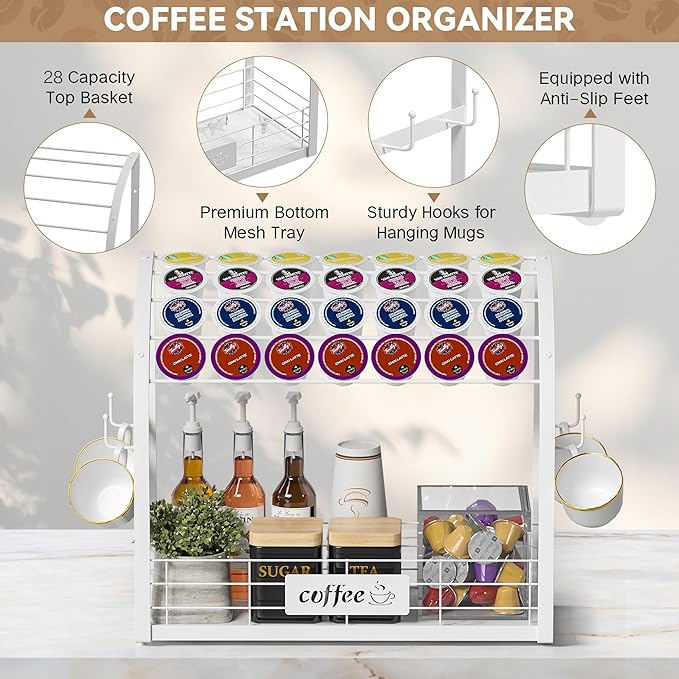 Metal K Cup Holder with Wooden Tray, 2-Tier Coffee Bar Organizer with Mug Hooks, Countertop Coffee Pod and Station Accessories – White