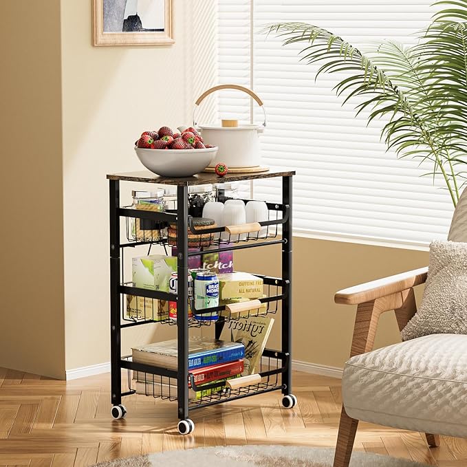 JAQ Fruit Vegetables Carts, 4-tier Slide out Metal Storage Baskets Stand Organizers with Wood Top and Handle on Rolling Wheels for Onions in Kitchen Pantry Fruteros Para Cocina -(Black, 4 Layer)