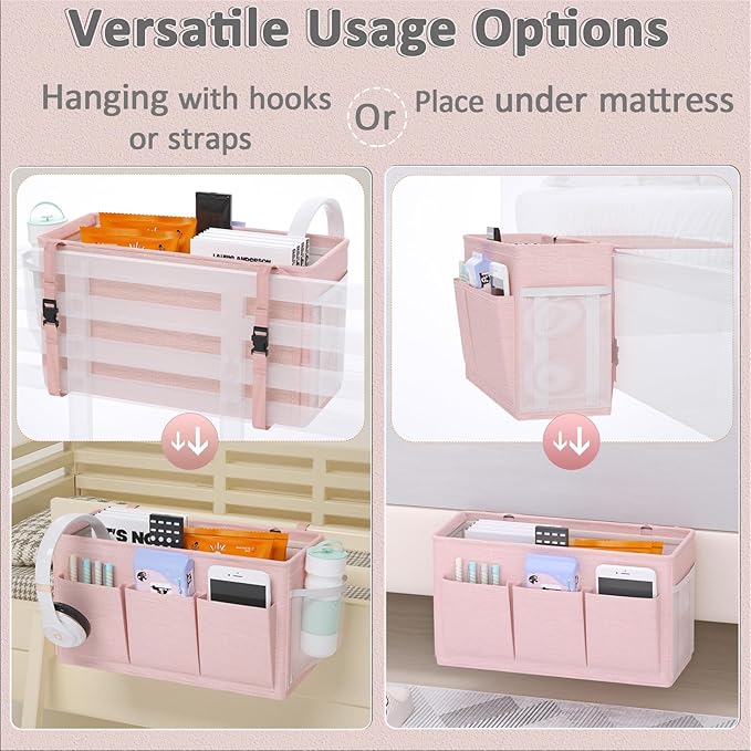 Edudif Dual-purpose Bedside Caddy Bedside Organizer, Bed Caddy with 6 Pockets, Versatile Bedside Storage Solution Magazine Remotes holder, ideal for Home, Dorm, Hospital, Crib Bed (Pink)