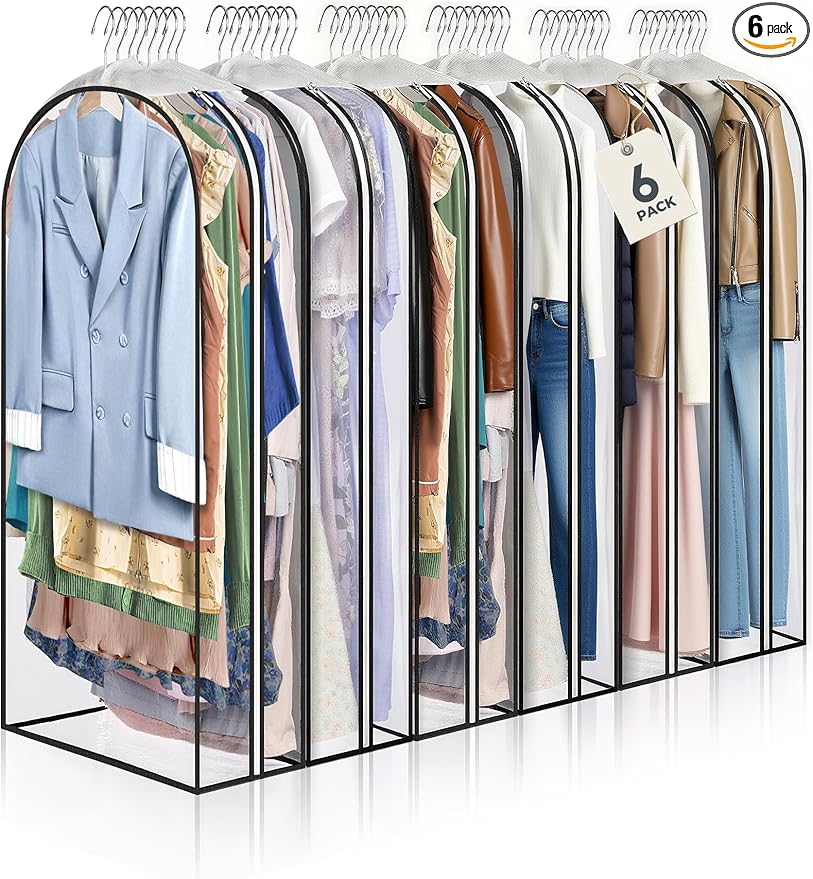 6 pcs 40" Garment Bags for Hanging Clothes, Clear Suit Bags for Closet Storage Clothing Storage, Garment Bags for Travel Covers with 10" Gussets for Coats, Jackets, Shirts and Sweater