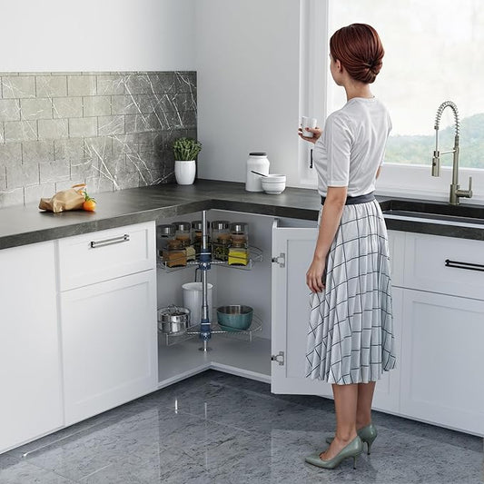 Dowell Base Cabinet Kidney Shape Dia.24 270° Lazy Susan, 2 Shelves, Kitchen Base Corner Cabinet Organizer (Chrome 4001 270 24)