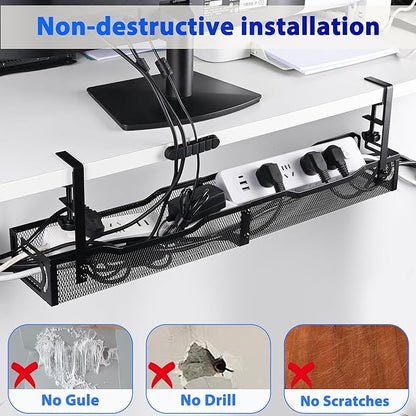 Under Desk Cable Management Box 25.3 Inch – Clamp-Mounted Cable Organizer Tray, Large Cord Management Box for Office & Home, Wire Organizer Under Desk Storage, Black