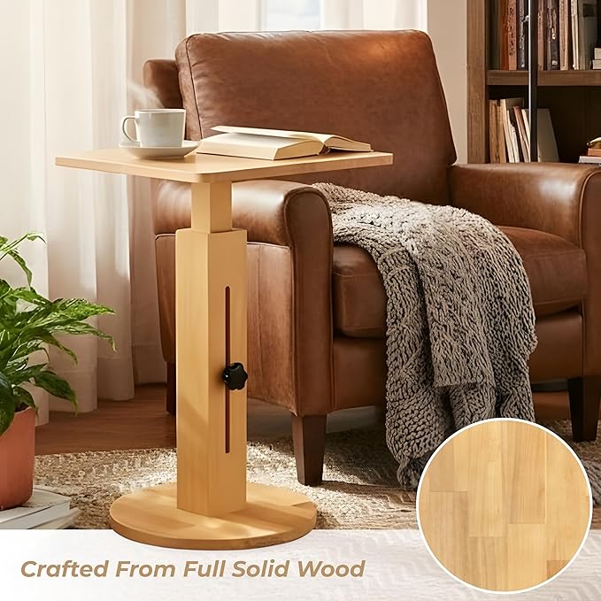 Behomes Aurin Solid Wood Nightstand, Modern Side Table with Adjustable Height, Couch End Table, Accent Bedside Table for Bedroom, Living Room, Square Top, Natural