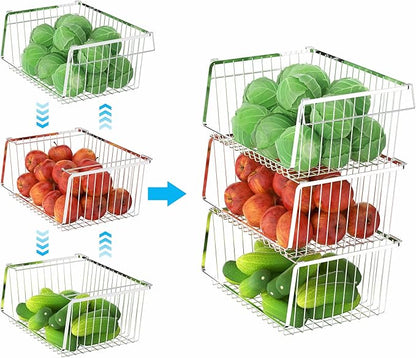 Wire Storage Basket Stackable Organizer Storage Baskets Bins Sturdy Metal Organization with Handles for Pantry, Kitchen, Closets, Bathroom, Cabinets, Kitchen, Set of 3
