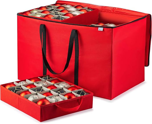 ZOBER Christmas Ornament Storage Box - Stores 200 3" Ornaments with Individual Trays - Tear Proof 600D Oxford Fabric - ornament organizer storage box (Red, 200-3" Ornaments)