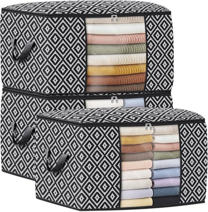 StorageTastic Direct 100L, 3 Pack, Storage Containers, Large Clothes Storage Bins Foldable Organization and Storage Bags with Reinforced Handle, Clear Window for Bedding, Blankets, Clothing, Black