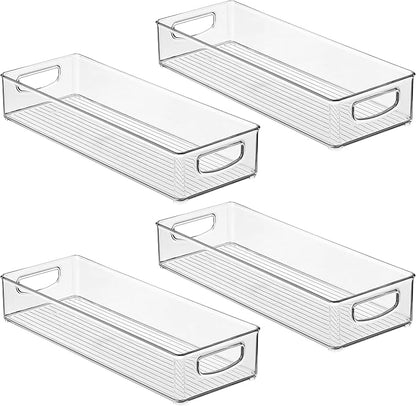 iDesign Slim Extra Long Clear Storage Bin, Narrow Stackable Organizer for Kitchen or Pantry, 4-Pack