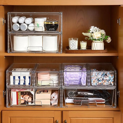 Stackable Storage Drawers(3 Pack),High-strength Clear Plastic Multi-purpose Organizer Bins with Handles, Easily Assemble Acrylic Drawers for Bathroom Closet Cabinet Pantry Under Sink