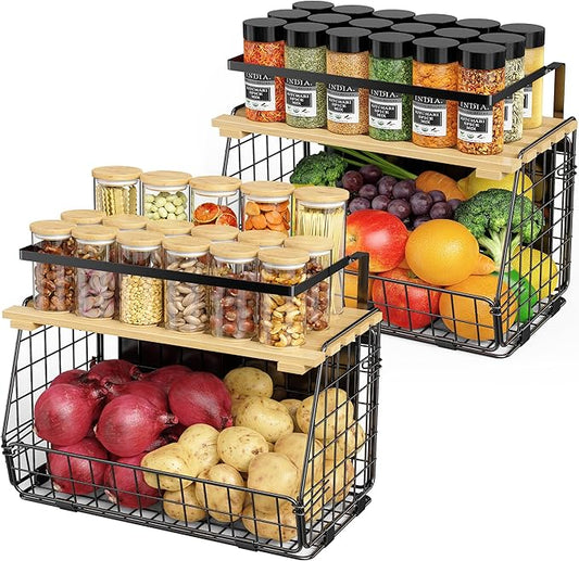 Magnetic Shelf for Fridge with Wood Lid: 2 Pack Fruit Potato and Onion Storage Bin - Magnetic Spice Rack for Refrigerator & Kitchen Counter - Pantry Organizers and Storage