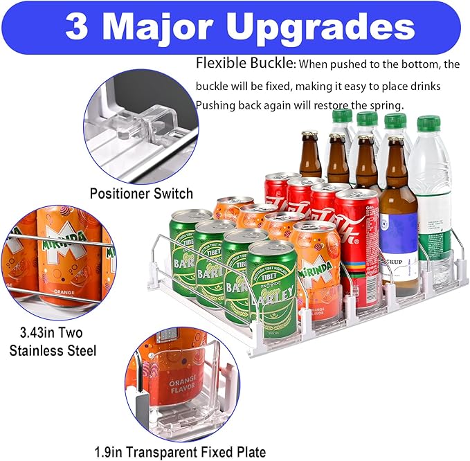 Faburo Drink Organizer for Fridge (Adjustable Width), 16.5” D Soda Can Fridge Drink Organizer, Refrigerator Beverage Organizers and Storage, Drink Dispenser Pop Can Holders for Fridge (5 Rows)