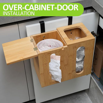 Trash Bag Dispenser & Grocery Bag Organizer, 2 in 1 Bamboo Garbage Bags Storage Box for Cabinet Door, Under Sink, or Wall Mounting