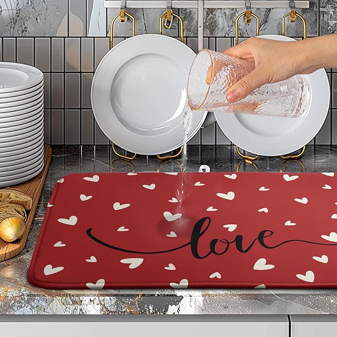 Wnoesat Valentines Day Dish Drying Mat 18x24 Inch Valentine Red Love Heart Drying Mats for Kitchen Counter Super Absorbent Microfiber Large Dish Drying Pad Heat Resistant Dish Draining Rack Mat