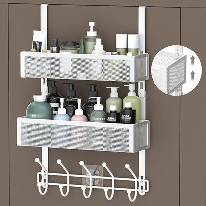 Aimeaihe Adjustable Over The Door Hooks Organizer, Door Hanger Coat Rack with 2 Mesh Baskets and 10 Hooks, Back of Door Storage Organizer for Bedroom,Bathroom,Kitchen (White)