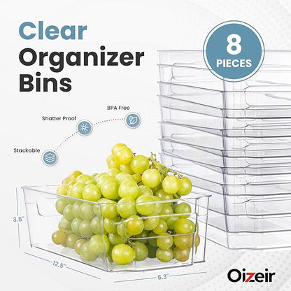 Oizeir 8 Pack Clear Plastic Fridge Organizer Bins - Stackable Refrigerator & Pantry Storage Bins with Handles for Snacks, Freezer, Kitchen Cupboard, and Cabinet Organization