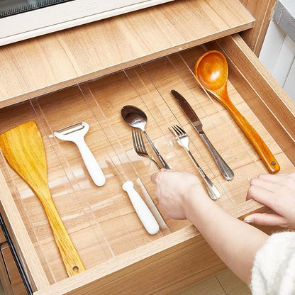 2 Packs Expandable Kitchen Drawer Organizer Clear Acrylic Utensil Organizer Adjustable Acrylic Silverware Storage for Drawers Silverware Flatware Knives (12 x 16 Inches,3-5 Compartments)