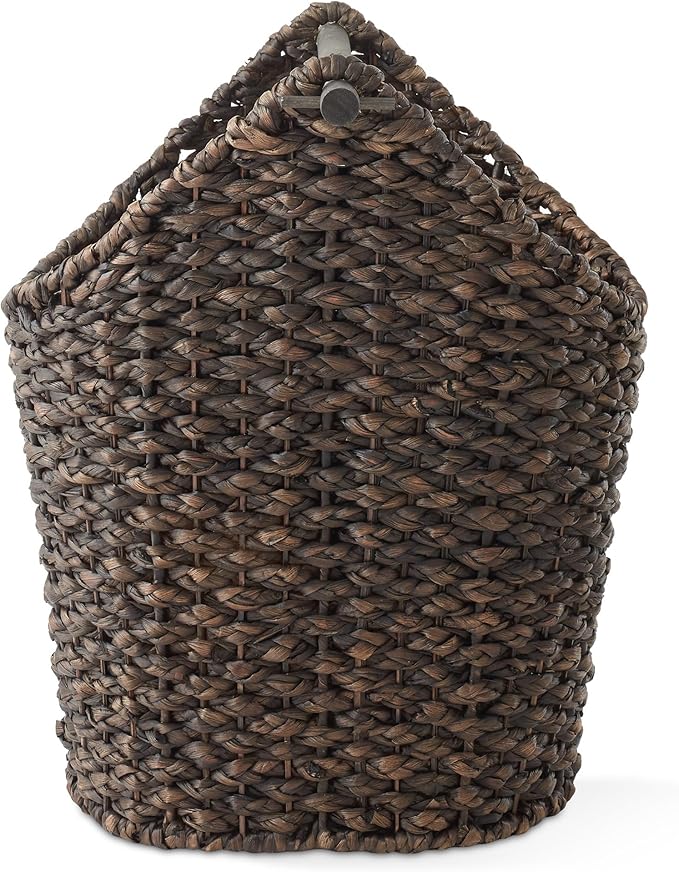 Casafield Toilet Paper Storage Basket with Wood Roll Holder Bar - Espresso, Braided Water Hyacinth Wicker Bathroom Tissue Storage Organizer