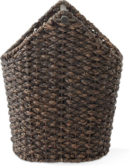 Casafield Toilet Paper Storage Basket with Wood Roll Holder Bar - Espresso, Braided Water Hyacinth Wicker Bathroom Tissue Storage Organizer