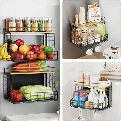 TIDIIABODE Magnetic Shelf for Fridge, Large Container Magnetic Spice Rack for Refrigerator, Fruit Potato and Onion Storage Bins, Magnetic Basket with Wood Lid, Kitchen Counter, Cabinet