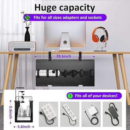 Under Desk Cable Management Tray - Under Desk Cord Management - Clamp/Screw Mount - Fabric Wire Management - Cable Raceways Tray Cord Hiders for Office/Home (Black, 28.6"×5.6")