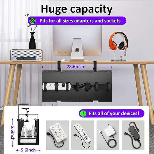 Under Desk Cable Management Tray - Under Desk Cord Management - Clamp/Screw Mount - Fabric Wire Management - Cable Raceways Tray Cord Hiders for Office/Home (Black, 28.6"×5.6")