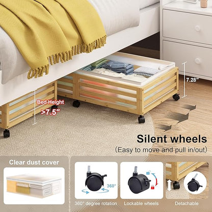 Wisuce Home Under Bed Storage Containers With Wheels - 2 Pcs Large Bamboo Wood Rolling Underbed Shoe Storage Bins With Dust Bags for Clothes Blankets, Duvet Covers Snacks Toys (Natural)
