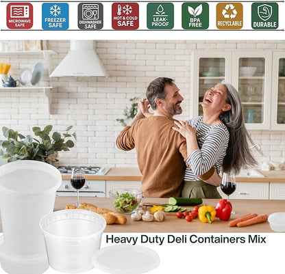 ProTakeOut Mixed Sizes Pack Heavy Duty Plastic Deli Containers | BPA-Free Food Storage with Airtight Leak‑Proof Lids | Microwave, Freezer & Dishwasher Safe Stackable (60 (20CT))