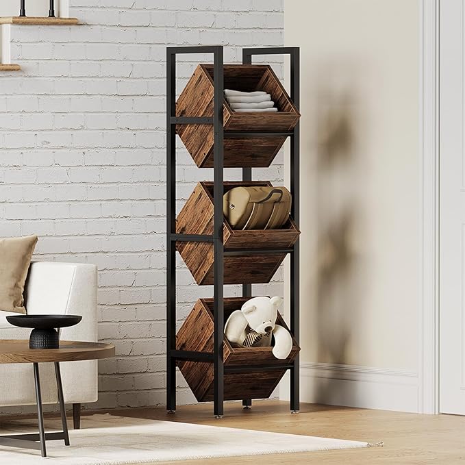 LITTLE TREE 3-Tier Basket Stand, Wooden Floor Stand Shelving Unit, Rustic Standing Organizer Storage Rack for Kitchen, Bathroom, Living Room (2, Rustic Brown)