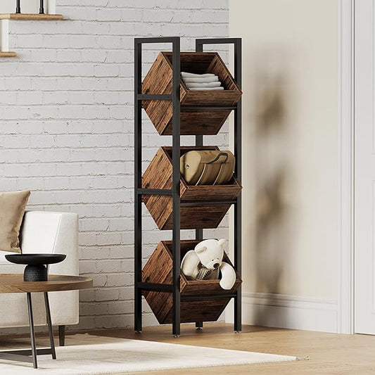 LITTLE TREE 3-Tier Basket Stand, Wooden Floor Stand Shelving Unit, Rustic Standing Organizer Storage Rack for Kitchen, Bathroom, Living Room (2, Rustic Brown)