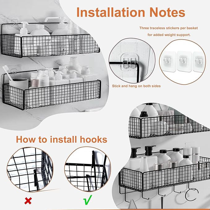 Metal Hanging Baskets 2-Pack - Wire Wall Storage Organizer with Hooks, Adhesive Shelves for Kitchen, Bathroom, Pantry (Spice Rack, Cabinet Organizer, Shower Caddy) Garage RV Black