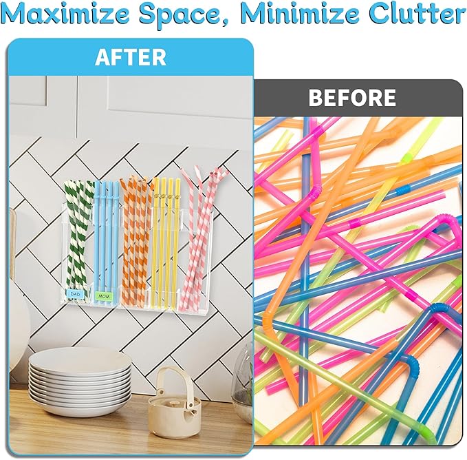 Acrylic Straw Holder for Cabinet Door, 9.5" Reusable Straws Organizer Storage Dispenser with Ultra Sticky Adhesive, Kitchen Accessories Container for Counter Cupboard (Transparent)