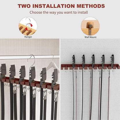 Cuipingoo Belt Hanger for Closet Max 42 Belts, 2-in-1 Wall Mount Belt Organizer with 360° Rotating Hooks, Wooden Tie and Belt Rack for Closet Accessories Organizers and Storage, Walnut Wood