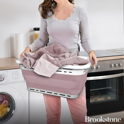 BROOKSTONE 11 GALLON XL 24" Collapsible Laundry Basket, Comfort Non-Slip Grip Handles, Modern Minimalist Space Saving Design, Portable Pop-Up Hamper, BPA FREE, Blush, 1 Basket