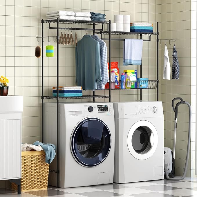GarveeHome Over Washer and Dryer Shelves, 57.4 in W Laundry Room Clothes Drying Rack, Height Adjustable Towel Racks with Hamper and Hooks, Space Saving Laundry Room Organization and Storage