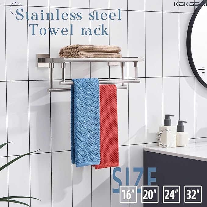 KOKOSIRI Towel Shelf with Double Towel Bars 16 Inches Bathroom Towel Rack Towel Holder Wall Mounted Stainless Steel, Brushed Nickel, B6005BR-L16