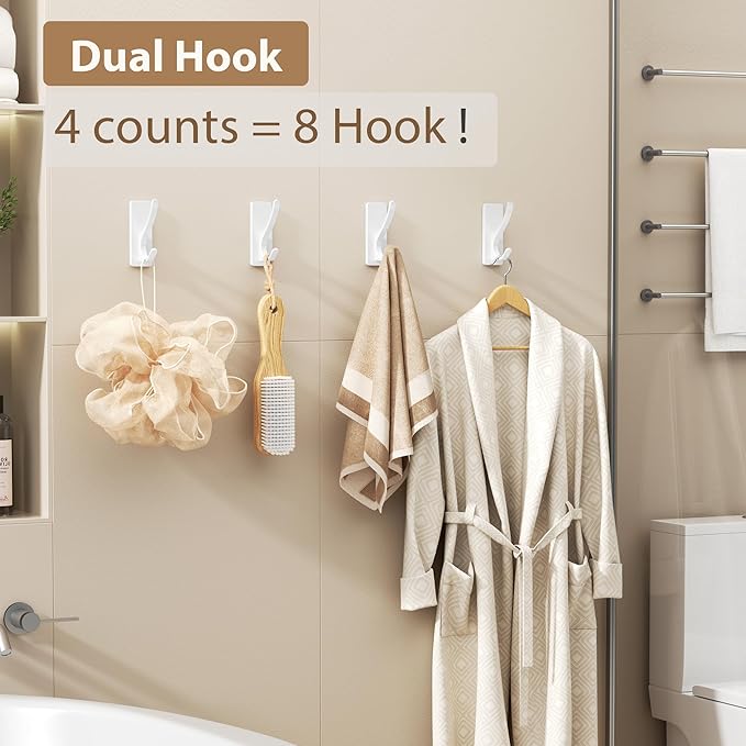 Josmimic Self Adhesive Towel Hooks: Extra Strong 13LB, Stainless Hook for Hanging Loofah, Towels, Coat, Bath Robe Bathroom Shower, White, 4 Pack