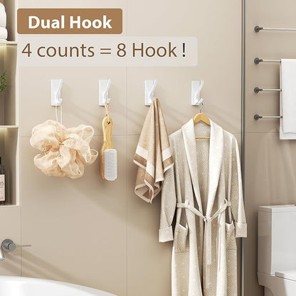 Josmimic Self Adhesive Towel Hooks: Extra Strong 13LB, Stainless Hook for Hanging Loofah, Towels, Coat, Bath Robe Bathroom Shower, White, 4 Pack