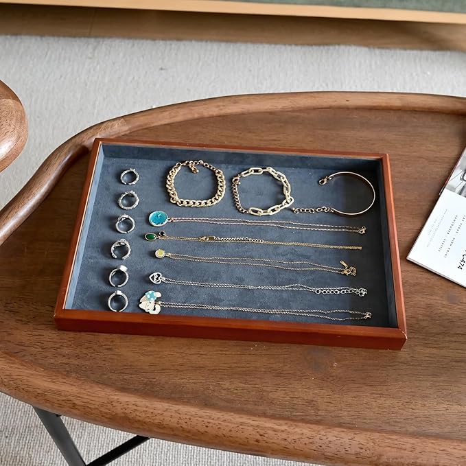 Elegant Wood Flat Jewelry Tray – 14"x9.5" Velvet Lined Display Organizer for Rings, Bracelets, Necklaces – Classic Wooden Storage for Vanity, Dresser, Countertop, Black&Brown