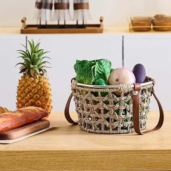Farmhouse Seagrass Egg Baskets - Handmade Wicker Egg Collecting Basket with Handle