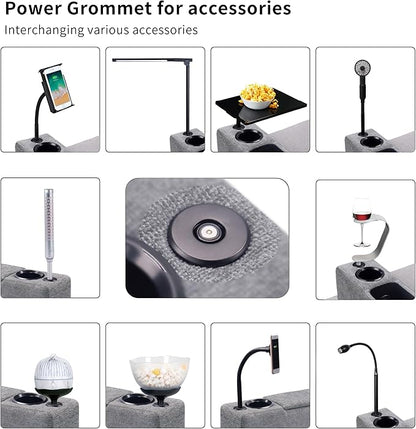 Multifunctional Sofa Armrest, Couch Armrest with Cup Holder, Removable Sofa Caddy with Storage,Equipped with LED Reading Light&Wireless Charge Stand, Grey