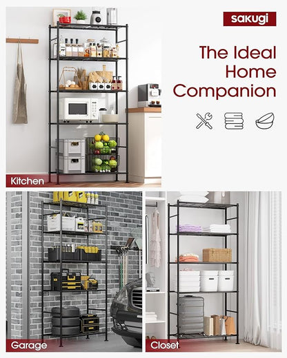 Storage Shelves - 5 Tier Shelf Organizer, Heavy Duty Garage Shelving Unit with Leveling Feet, Stable Metal Shelves Organizer for Pantry, Kitchen and Closet, 33.0" W x 12.6" D x 72.0" H, Black