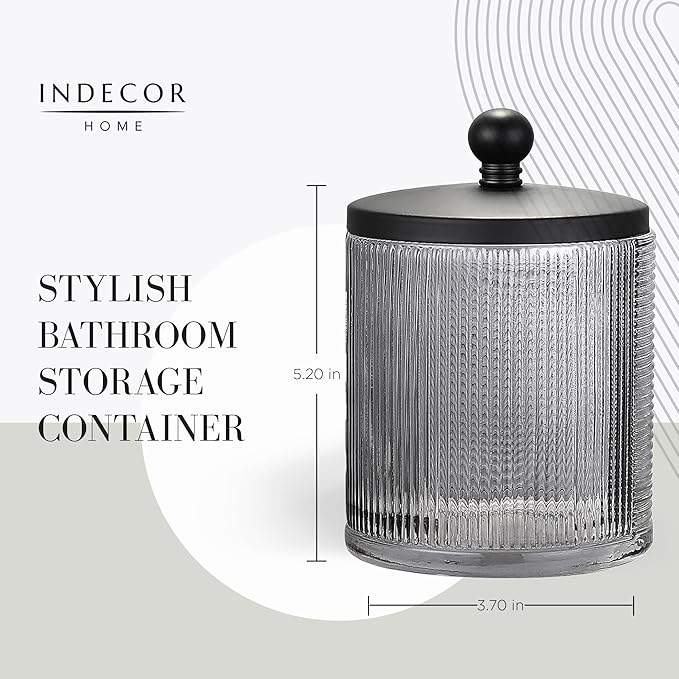 Indecor Home Gray Colored Tranlucent Apothecary Ribbed Geo Etched Glass Jar W/Matte Black Metal Lid Cover for Bathroom Organization, Cotton Balls, Q Tips, and Small Accessories, Bathroom Storage