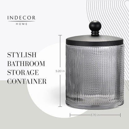 Indecor Home Gray Colored Tranlucent Apothecary Ribbed Geo Etched Glass Jar W/Matte Black Metal Lid Cover for Bathroom Organization, Cotton Balls, Q Tips, and Small Accessories, Bathroom Storage