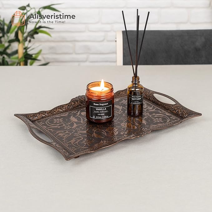 Alisveristime Ottoman Turkish Zamak Serving Tray with Traditional Motifs, Ideal for Coffee and Tea - Six Person Tray (14.5 x 9.85 in) (Copper)
