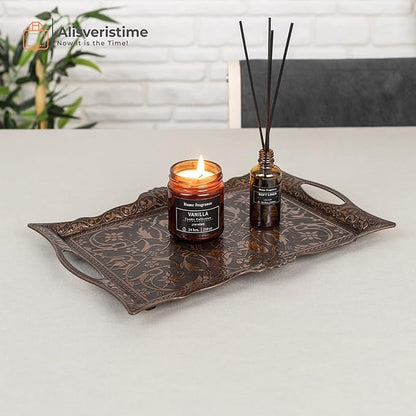Alisveristime Ottoman Turkish Zamak Serving Tray with Traditional Motifs, Ideal for Coffee and Tea - Six Person Tray (14.5 x 9.85 in) (Copper)