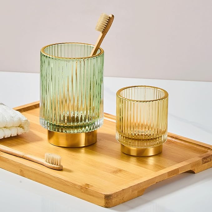 LEICURACE Makeup Brush Holder Organizer,Toothbrush Holders,Desk Pen Pencil Holder,Multifunctional Vintage Glass Brush Cup（L/Green/A3-6-US）