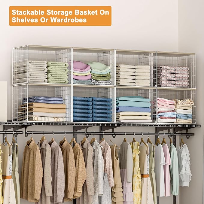 Wider Stackable Closet Organizers and Storage with Top Board, 3 Pack Closet Shelf Organizer, Double Storage Design, Clothes Storage Cubes/Bins/Baskets for Wardrobe, Space-Saving, White,Sturdy,Metal