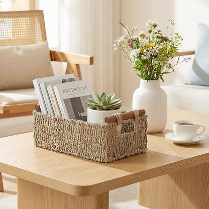 2 Pack Wicker Basket with Wooden Handles for Shelves, Handmade Storage Baskets for Home Organizing, Decorative Organizer Bins for Living Room Bathroom, Bedroom, Kitchen